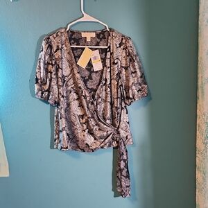 Michael Kors Black Paisley Wrap Blouse with Tie